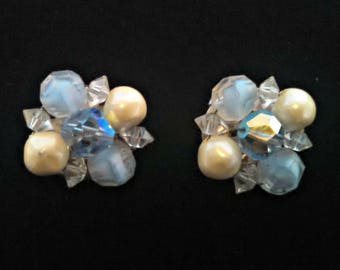 Vintage Earrings, Light Blue Bead and Faux Pearl Cluster Clip Earrings, Mid Century, Circa 1950s, Includes Gift Box