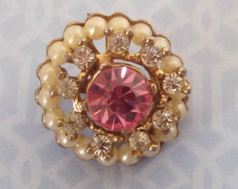 Vintage Brooch, Pink Glass & Clear Rhinestones, Faux Pearls, Victorian Style Round Brooch, Old C Clasp, Circa 1930s, Includes Gift Box