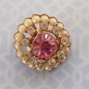 Vintage Brooch, Pink Glass & Clear Rhinestones, Faux Pearls, Victorian Style Round Brooch, Old C Clasp, Circa 1930s, Includes Gift Box