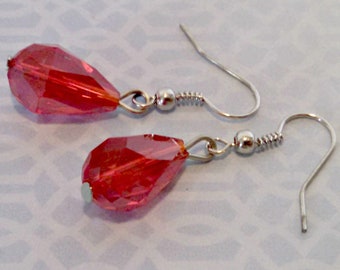 Vintage Drop Earrings, Ruby Glass, Faceted Teardrop Dangle Earrings, Pierced, Silver Tone, Circa 1970s, Includes Gift Box