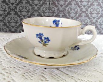 Vintage Demitasse Tea Cup and Saucer by Bareuther, Bavarian Porcelain, Blue Lilies, Gold Trim, Footed Tea Cup, Circa 1940s