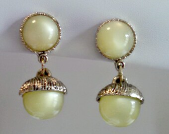 Vintage Drop Earrings, Yellow Moonglow Lucite Dangle Acorn Earrings, Screw Back, Silver Tone, Circa 1940s, Includes Gift Box