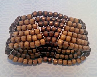 Vintage Cuff Bracelet, Wood Bead Stretch Bracelet, 6 Strand with Metal Spacers, Mid Century, Circa 1960s, Includes Gift Box