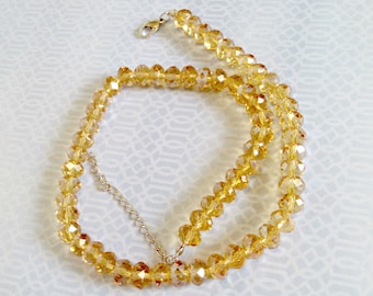 Vintage Necklace, Golden Yellow Faceted Glass Beads, Amazing Sparkle, Adjustable Length, Never Worn, Circa 1970s, Includes Gift Box