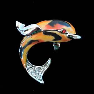 Vintage Brooch, Dolphin Pin in Orange, Yellow, and Black Enamel with Rhinestones, Silver Tone, Circa 1970s, Includes Gift Box image 4