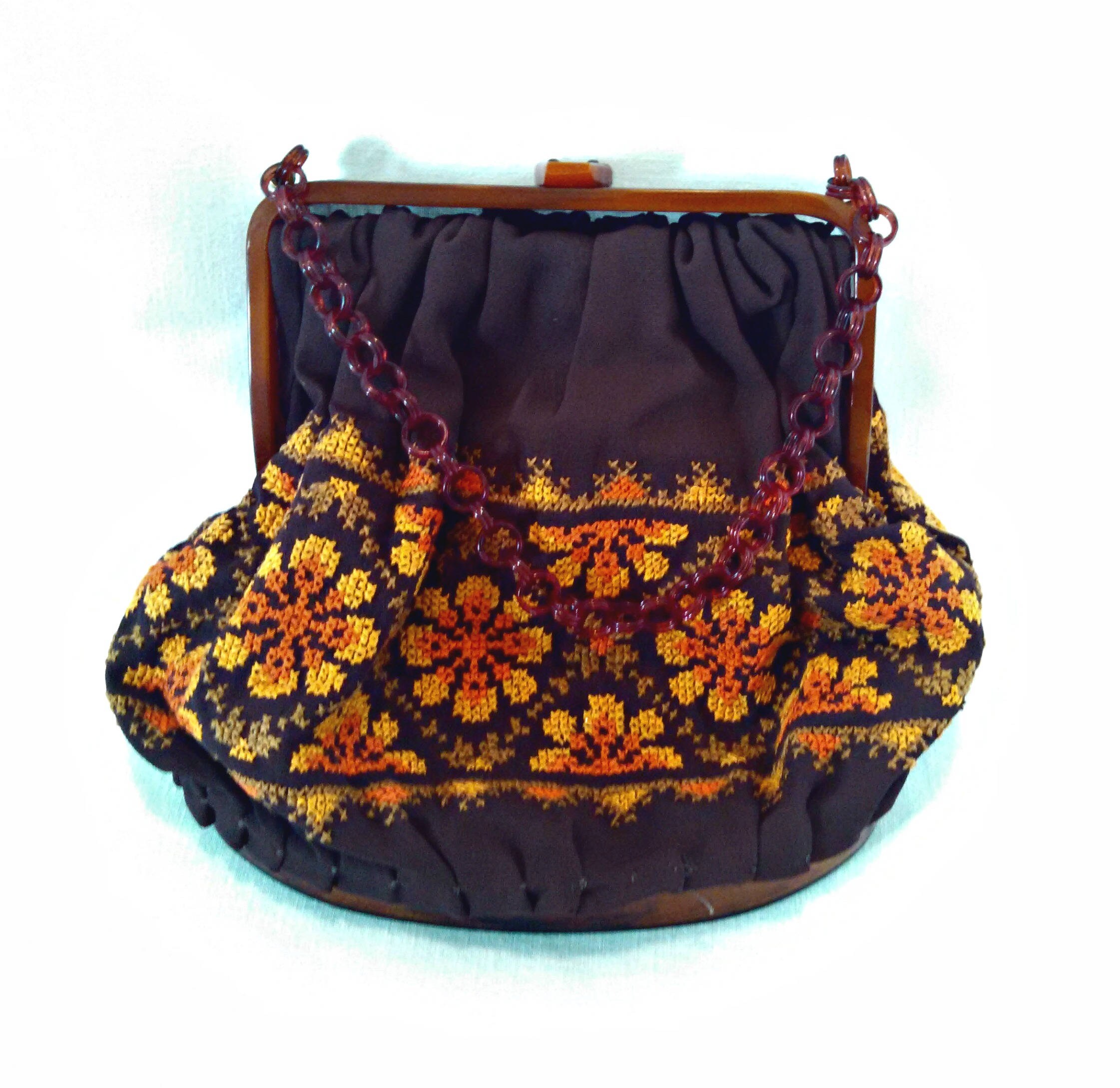 Vintage Handbag Boho Purse Brown Fabric & Faux Tortoise Etsy