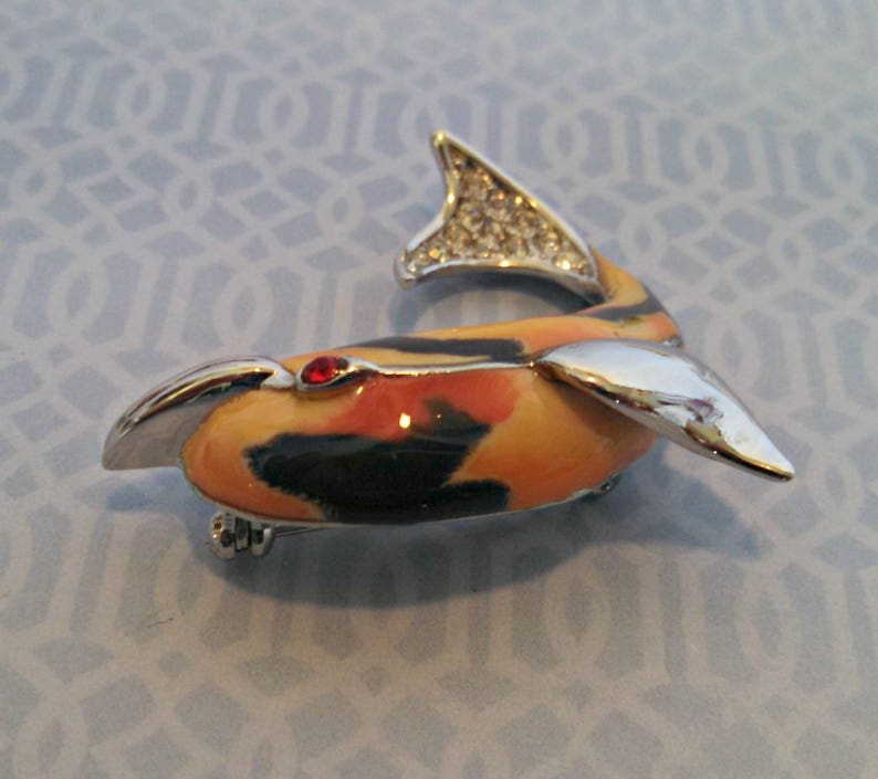 Vintage Brooch, Dolphin Pin in Orange, Yellow, and Black Enamel with Rhinestones, Silver Tone, Circa 1970s, Includes Gift Box image 3