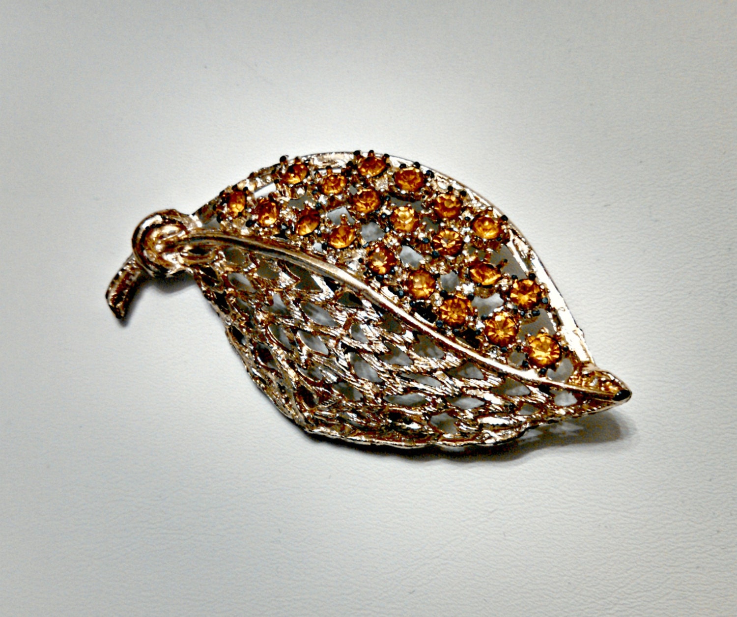 Vintage Bogoff Rhinestone Leaf Brooch Cocktail Pin