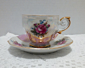Vintage Demitasse Tea Cup and Saucer, Lustreware with Pink Roses, Gold Trim, Porcelain, Mid Century, Circa 1950s