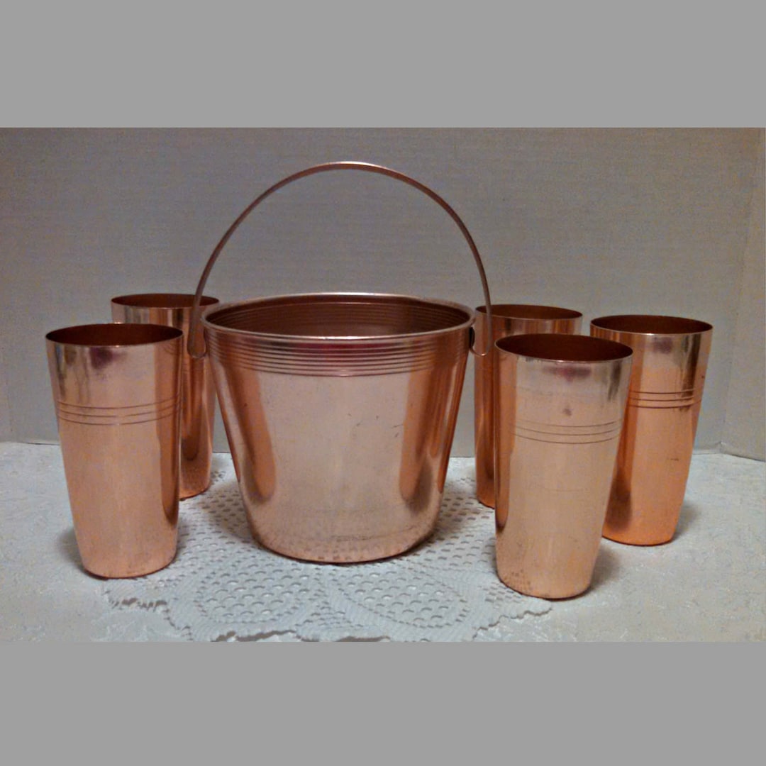 Vintage Ice Bucket Set With 5 Tumblers, Copper Colored Anodized