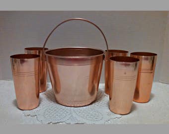 Vintage Ice Bucket Set with 5 Tumblers, Copper Colored Anodized Aluminum, by West Bend and Kings Brand, Mid Century Barware, Circa 1950s