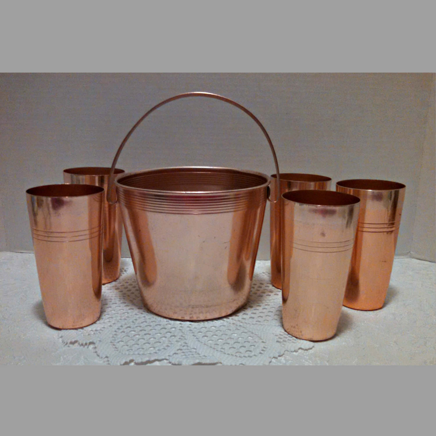 Vintage WEST BEND Multi Colored 8 Aluminum Cups Tumblers and Wood Pitcher  Retro