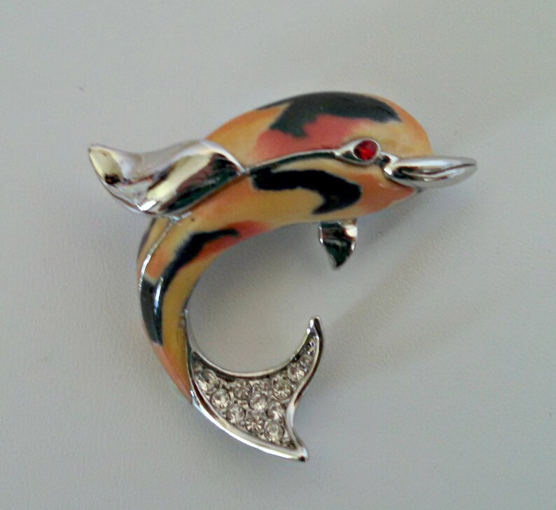 Vintage Brooch, Dolphin Pin in Orange, Yellow, and Black Enamel with Rhinestones, Silver Tone, Circa 1970s, Includes Gift Box image 5