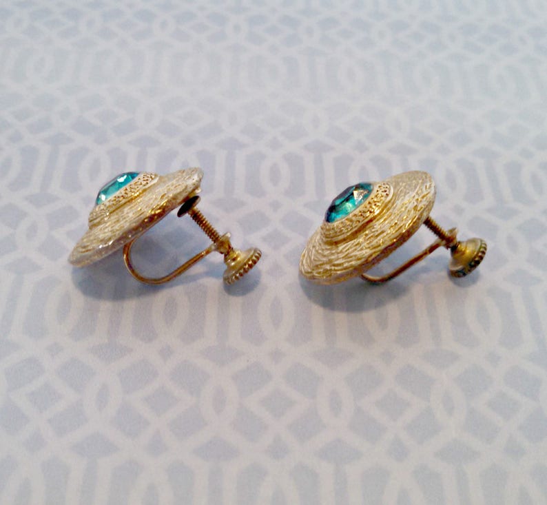 Vintage Earrings, Faux Aquamarine Rhinestone, Oval Screw Back Earrings, Gold Tone, Mid Century, Circa 1950s, Includes Gift Box image 3