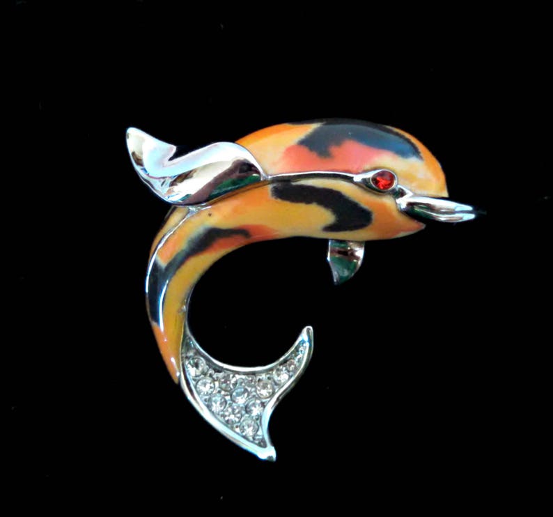 Vintage Brooch, Dolphin Pin in Orange, Yellow, and Black Enamel with Rhinestones, Silver Tone, Circa 1970s, Includes Gift Box image 4