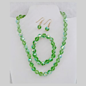 Vintage Jewelry Set, Green Aurora Borealis Glass Beads, Necklace Bracelet Pierced Earrings Set, Full Parure, Circa 1970s, Includes Gift Box image 2