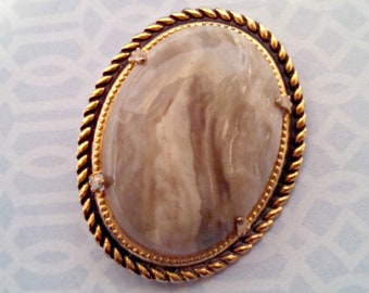 Vintage Brooch, Oval Gray Marbled Lucite Cabochon, Gold Tone Braid Trim, Circa 1980s, Includes Gift Box