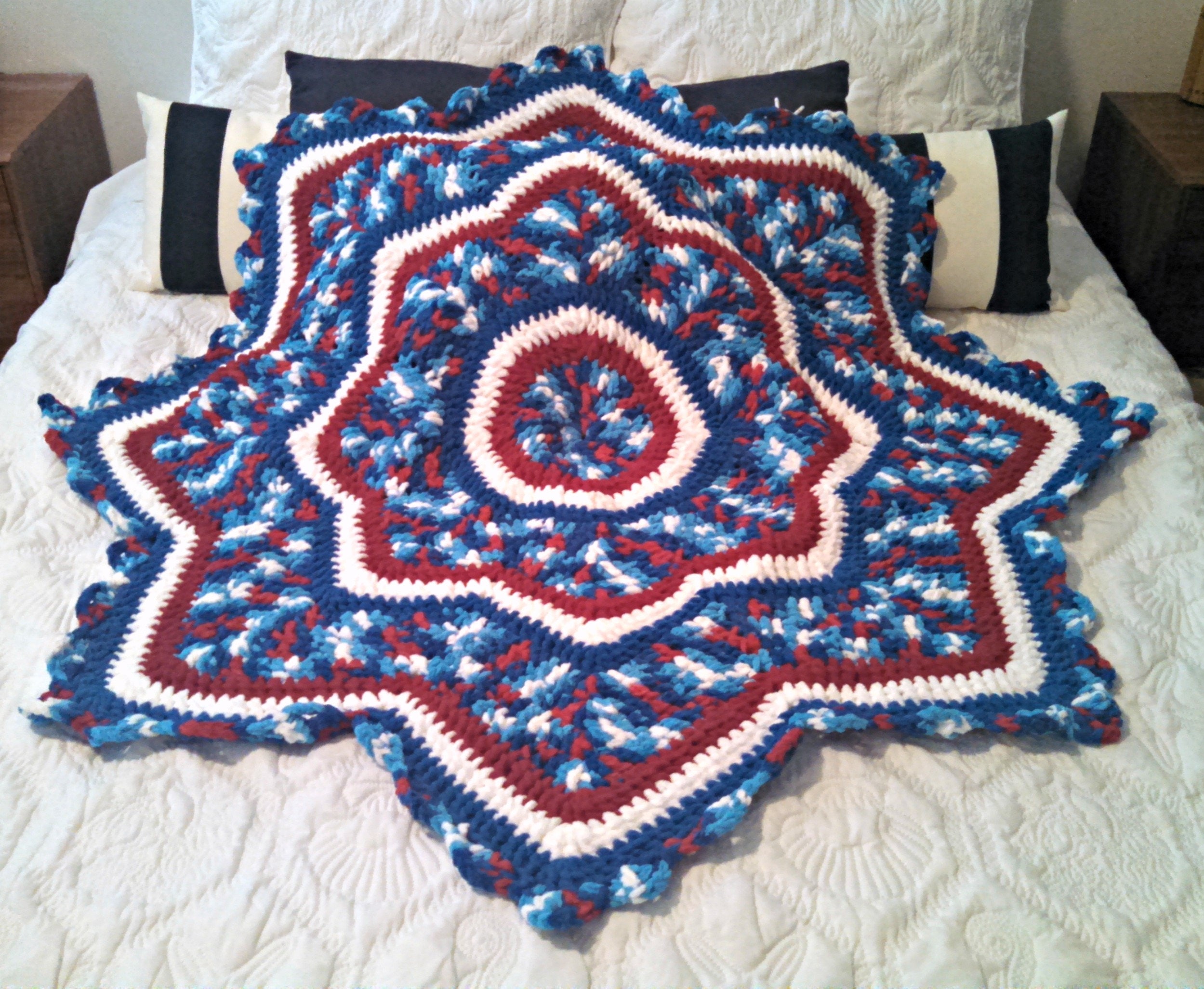 Crochet Afghan Blanket, 8 Point Star Lapghan, Chenille Yarn in Red