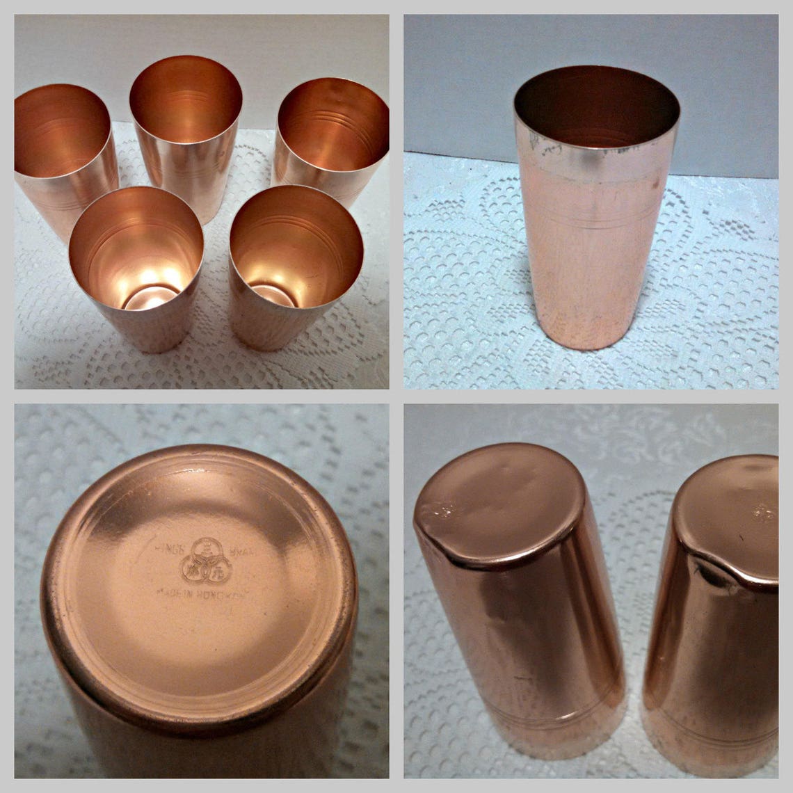 Vintage Ice Bucket Set With 5 Tumblers, Copper Colored Anodized