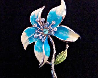 Vintage Flower Brooch, Blue and White Enamel Flower, Faux Aquamarine Rhinestones, Silver Tone, Mid Century, Circa 1960s, Includes Gift Box
