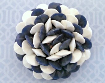 Vintage Flower Brooch, Large Chrysanthemum Brooch, Cobalt Blue and White Lucite Bead Petals, Mid Century, Circa 1950s, Includes Gift Box