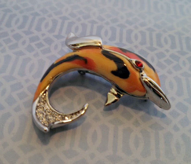 Vintage Brooch, Dolphin Pin in Orange, Yellow, and Black Enamel with Rhinestones, Silver Tone, Circa 1970s, Includes Gift Box image 2