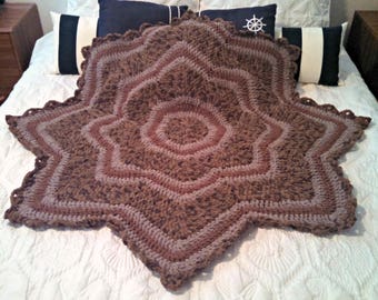 Crochet Afghan Blanket, 8 Point Star Lapghan, Chenille Yarn in Browns & Tan, Hand Made Throw in Bernat Blanket Yarn, Washable