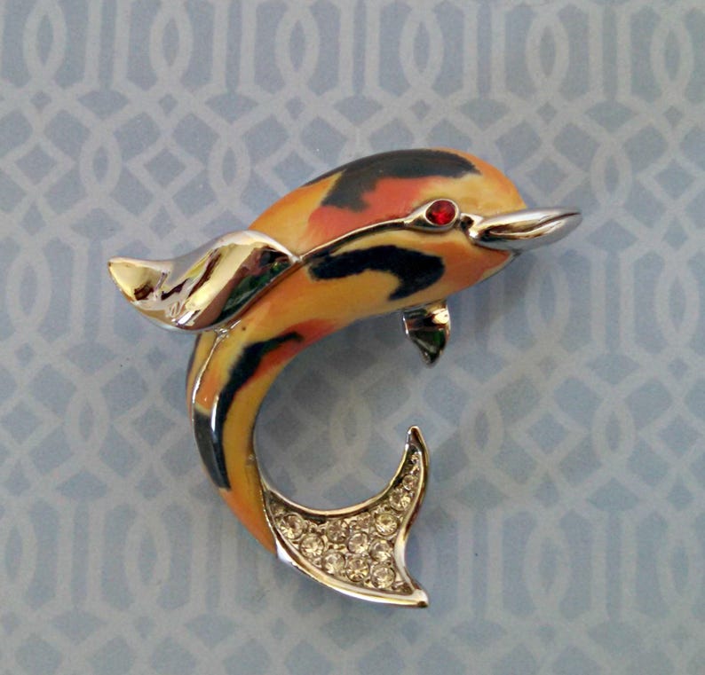 Vintage Brooch, Dolphin Pin in Orange, Yellow, and Black Enamel with Rhinestones, Silver Tone, Circa 1970s, Includes Gift Box image 1