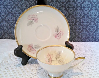 Vintage Demitasse Tea Cup and Saucer, "Roter Mohn" by Alka, Bavarian Porcelain, Pink & Gray Floral, Gold Trim, Mid Century, Circa 1950s