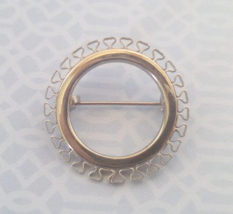 Vintage Brooch, Geometric Trim Circle Pin, Silver Tone Circle Brooch, Mid Century, Circa 1950s, Includes Gift Box image 1