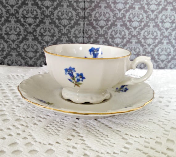 Tasse Et Soucoupe Vintage à Pied - Décor Bleu, Blanc, Or (doré)