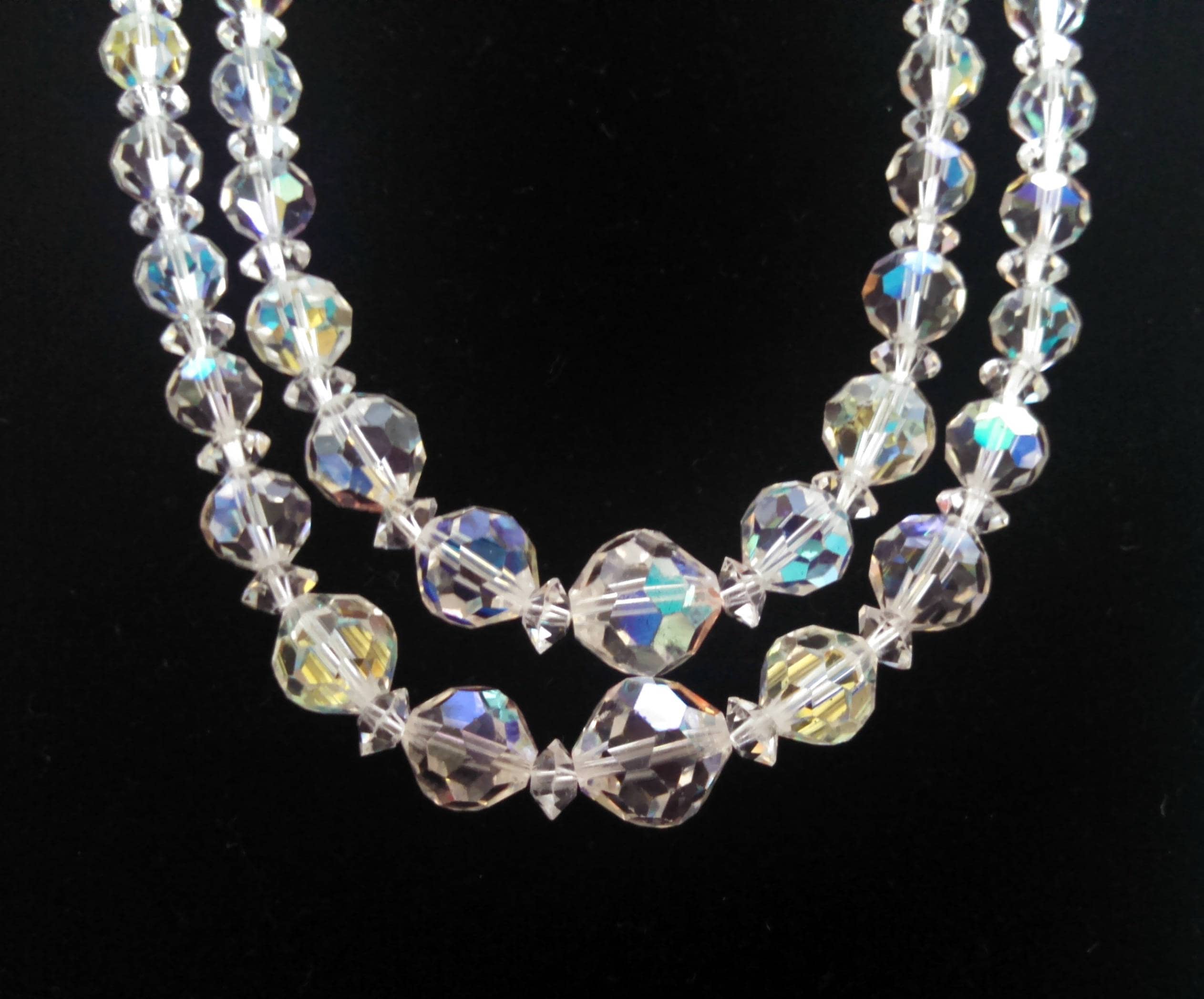 Vintage Necklace, Double Strand Aurora Borealis Bead Necklace by Laguna ...