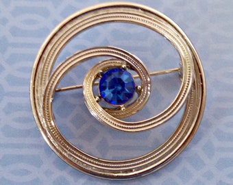 Vintage Brooch, Large Swirl Circle Pin, Gold Tone, Blue Sapphire Rhinestone, Mid Century, Circa 1960s, Includes Gift Box