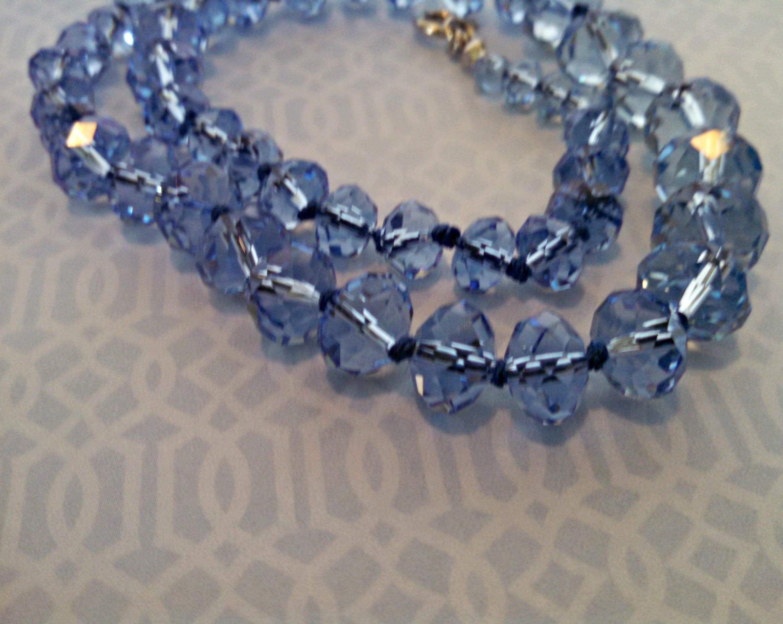 Vintage Necklace, Aquamarine Blue Glass Beads, Adjustable, Hand Knotted, Mid Century Style, Circa 1970s, Includes Gift Box