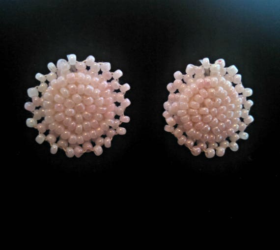 Vintage Earrings, Light Pink Seed Bead Screw Back