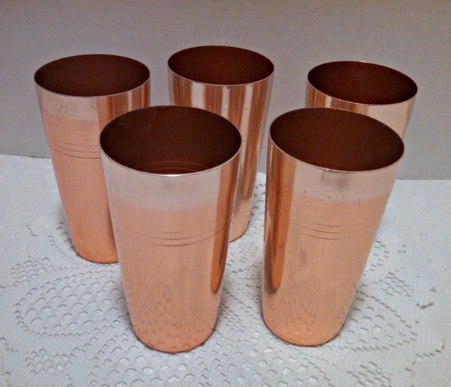 Vintage Ice Bucket Set With 5 Tumblers, Copper Colored Anodized