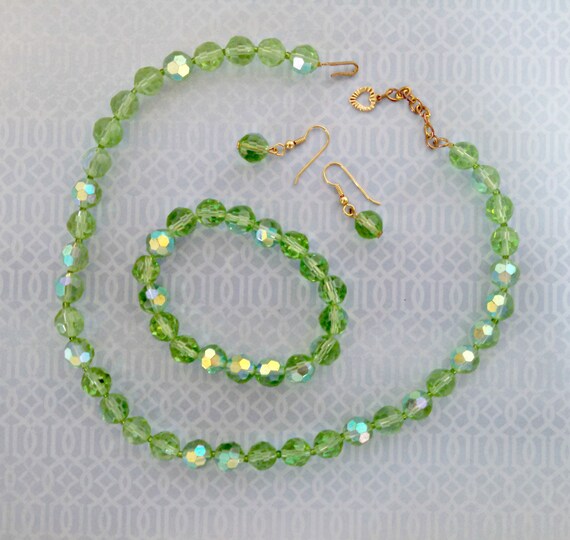 Vintage Jewelry Set, Green Aurora Borealis Glass Beads, Necklace Bracelet Pierced Earrings Set, Full Parure, Circa 1970s, Includes Gift Box