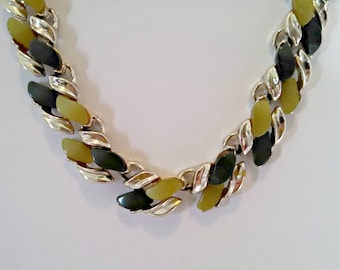 Vintage Necklace, Moonglow Thermoset Lucite Stones, Two Tone Green, Gold Tone Metal, Adjustable, Mid Century, Circa 1950s, Includes Gift Box