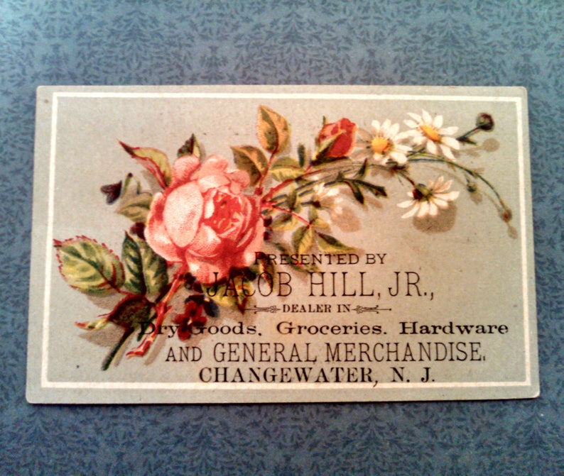 Antique Victorian Trade Card with Roses, New Jersey General Merchandise Store, Jacob Hill, Collectible Lithograph Advertisement, Circa 1890s 