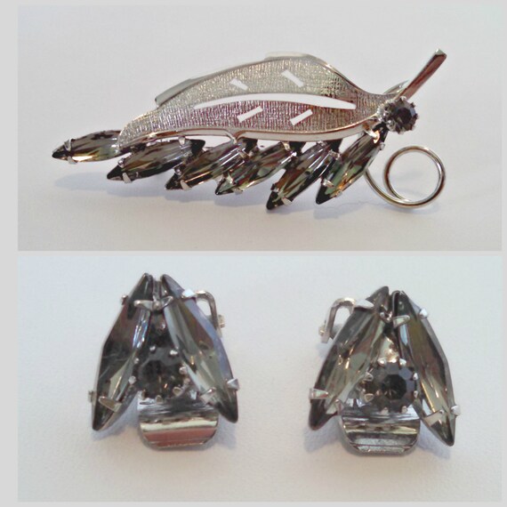 Vintage Brooch & Clip Earrings Set, Smoky Navette Rhinestones, Silver Tone Leaf Brooch, Mid Century, Circa 1960s, Includes Gift Box