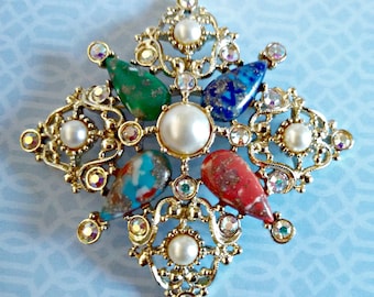 Vintage Brooch Pendant, "Galaxy" Maltese Cross by Sarah Coventry, Lucite Stones, AB Rhinestones, Faux Pearls, Dated 1964, Includes Gift Box