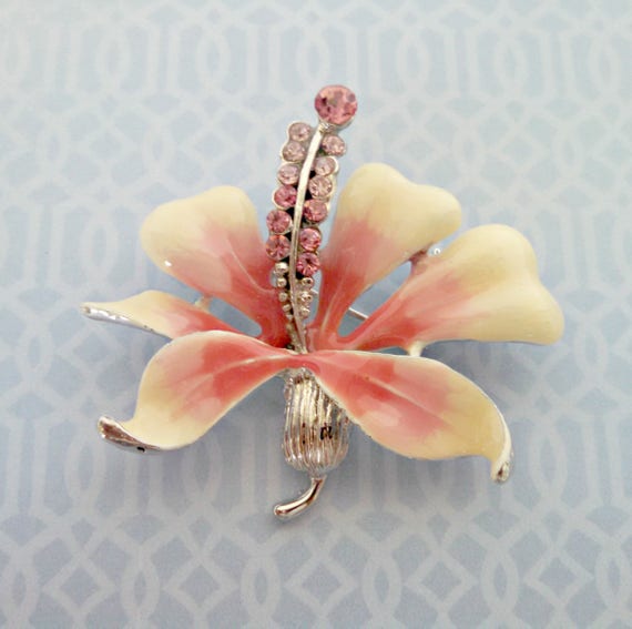 Vintage Flower Brooch, Pink and Cream Enamel Flower, Pink  display picture 3