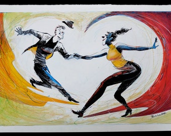 Original drawing - ink and acrylic - Couple of jazz dancers 2 (2017)