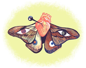 Riso print butterfly bleeding heart (11 x 14) signed.