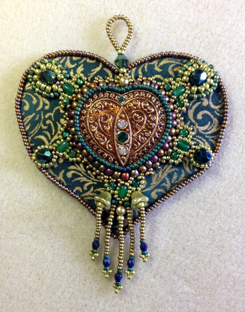 Bead Embroidery Kit Heart of Gold in green and gold Etsy