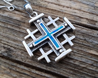 Large Opal Jerusalem Cross, Silver 5 Fold Cross, Blue Holy land Cross Pendant, Made in Israel