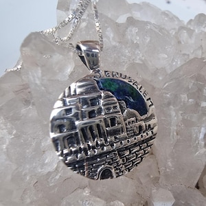 Eilat Stone Sterling Silver Jewish Necklace, Jerusalem Western Wall Necklace, Judaica Pendant With Jerusalem Old City Design