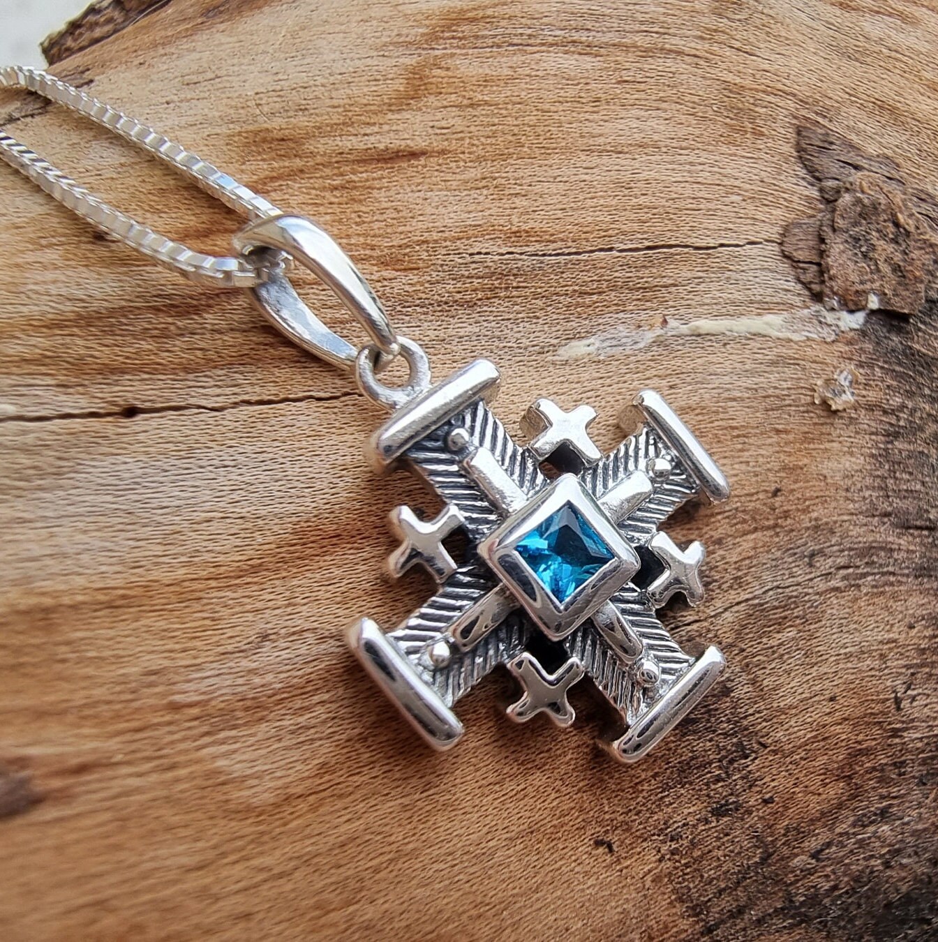 Collier Vintage Argent Sterling - Pendentif Croix Topaze Bleue Et Marcassite