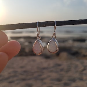 White Opal Earrings, Sterling Silver Earrings, Teardrop Earrings, Dainy Drop Earrings