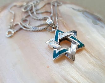 Sterling Silver Star of David Pendant: Green Eilat Stone Jewish Necklace